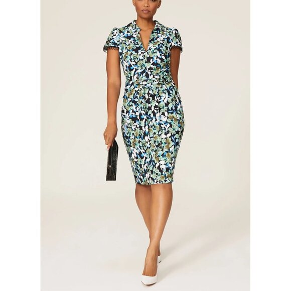 Badgley Mischka Size 22 Blue Green Floral Lace Trim Sleeve Collared Sheath Dress - Picture 1 of 16